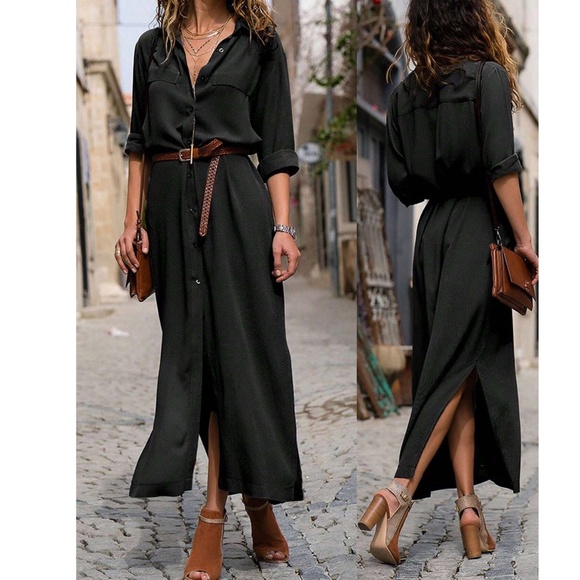 Solid Black Button Down Lightweight Split Side 3/4 sleeve Shirt Dress - Picture 1 of 6